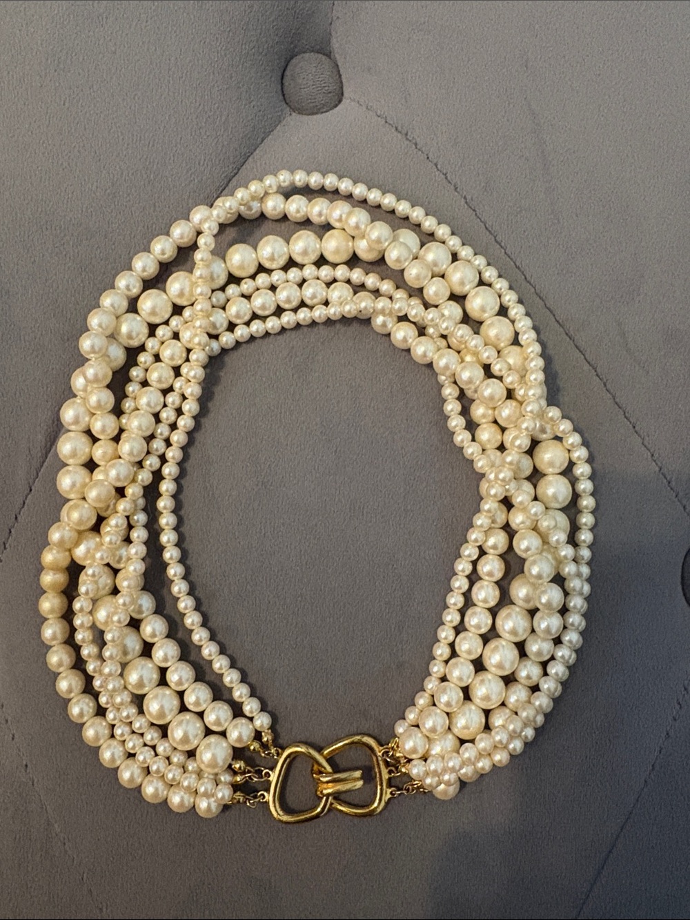 Vintage-Style Multi Strand Faux Pearl Statement Necklace Gold Tone Toggle